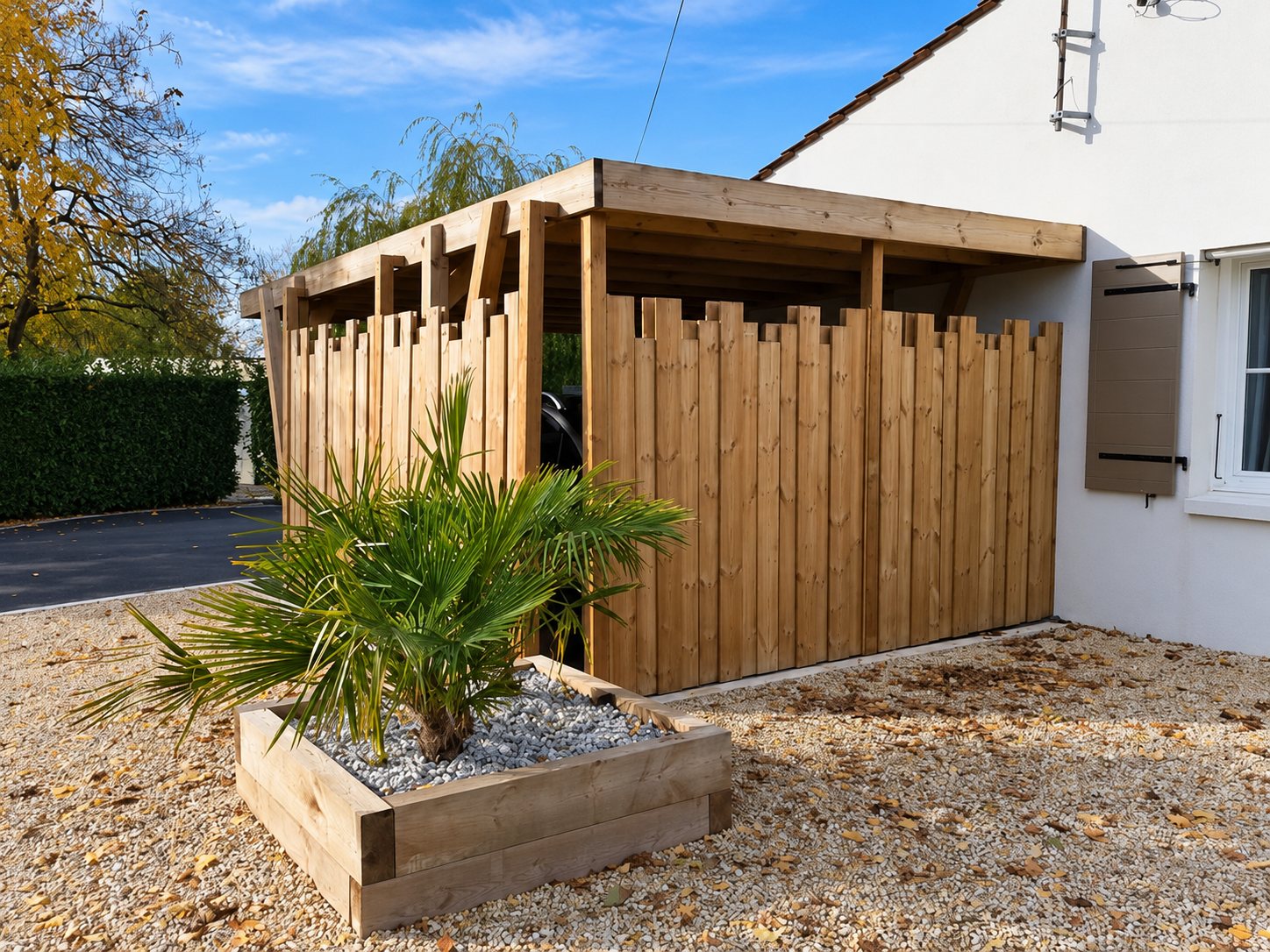 Un abri en bois à toit plat avec des lames verticales est installé contre une maison blanche, devant un palmier planté dans un bac en bois sur un sol de gravier.
