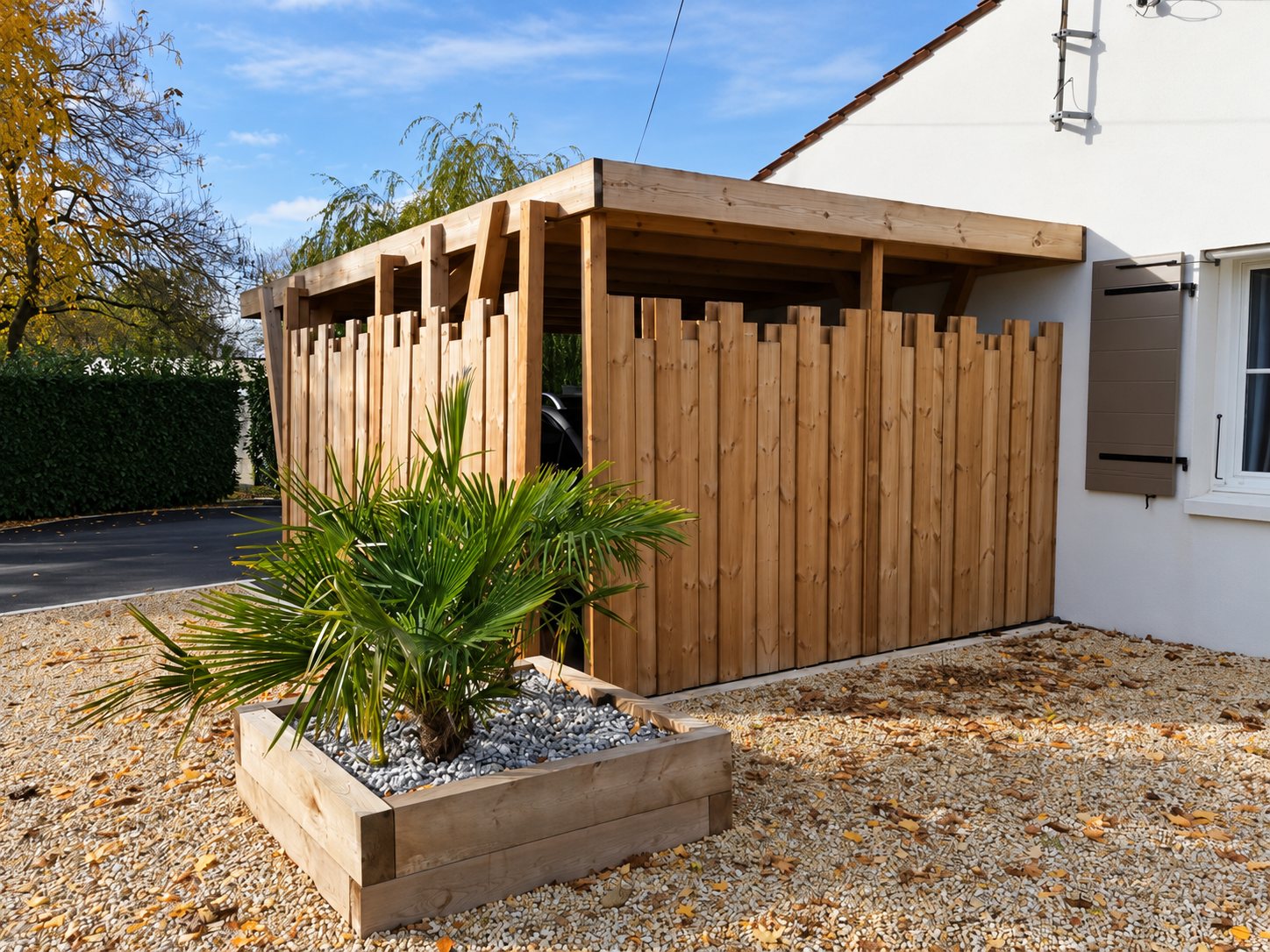 Un abri en bois à toit plat adossé à une maison blanche, avec des lames verticales et un palmier planté dans un bac en bois sur du gravier.