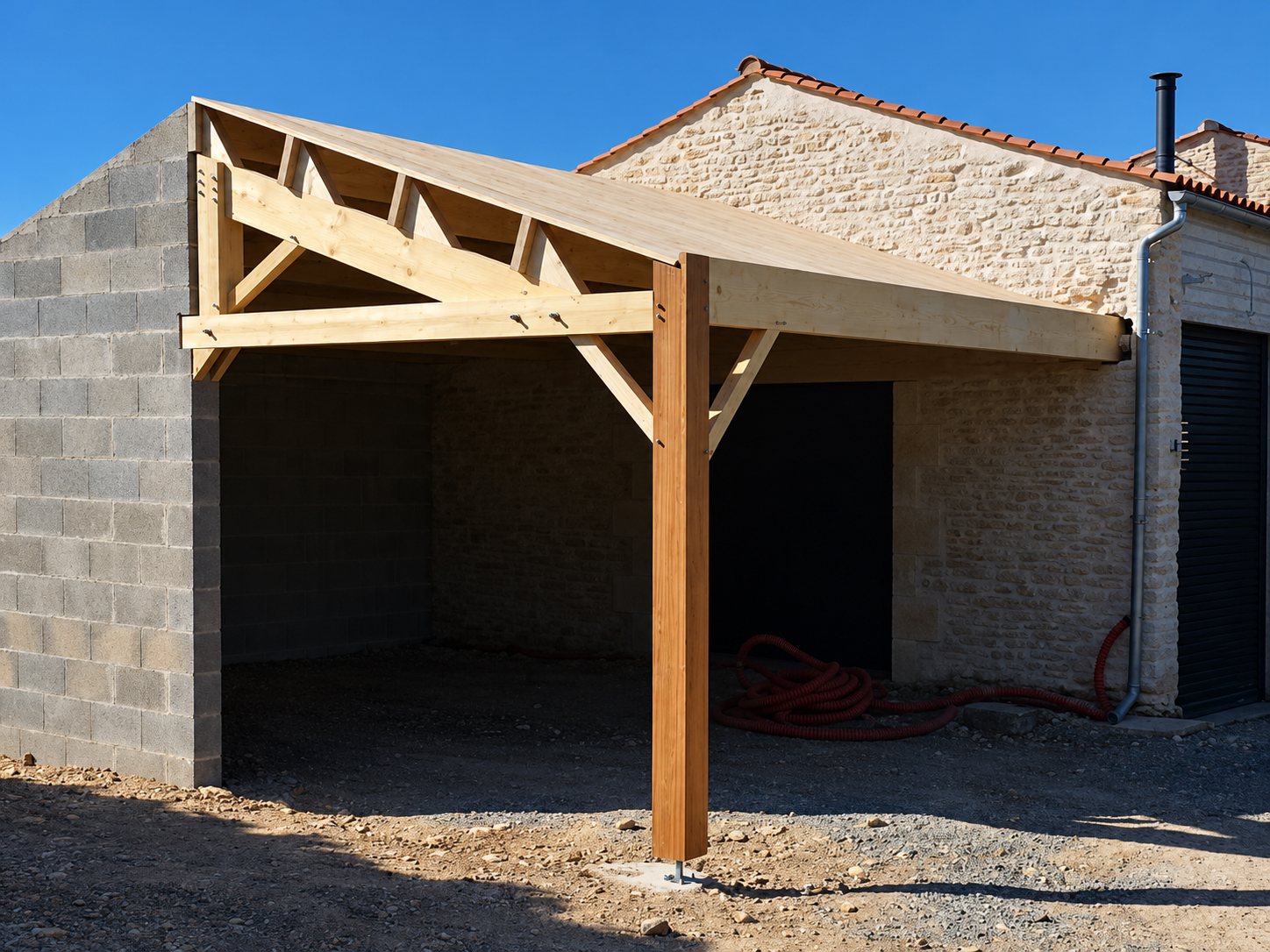 Une structure de charpente en bois neuve avec un poteau central et un toit en panneaux, adossée à un mur en parpaings et à une maison en pierre sur un terrain de terre.