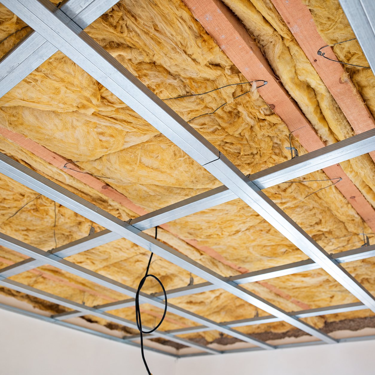 Vue vers le haut d'un plafond en chantier montrant une ossature métallique de plaques de plâtre posée sous de la laine de verre jaune et des solives en bois.
