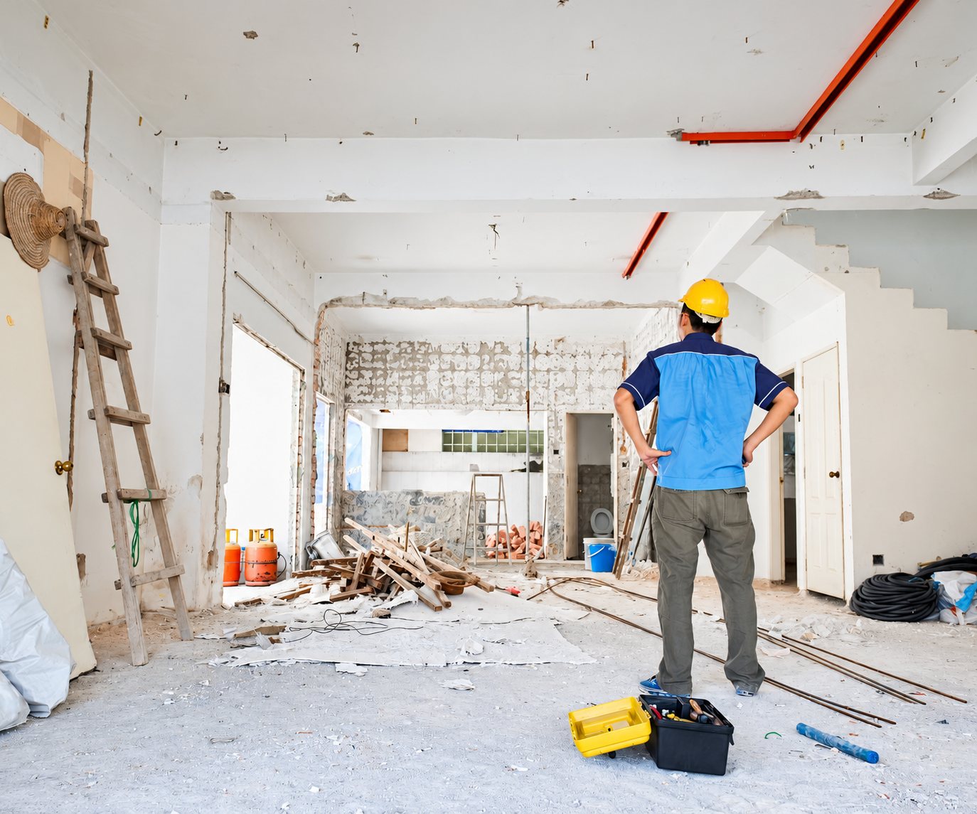 Un ouvrier en casque jaune, vu de dos, se tient les mains sur les hanches au milieu d'un appartement en rénovation, entouré de gravats, d'échelles et de caisses à outils.