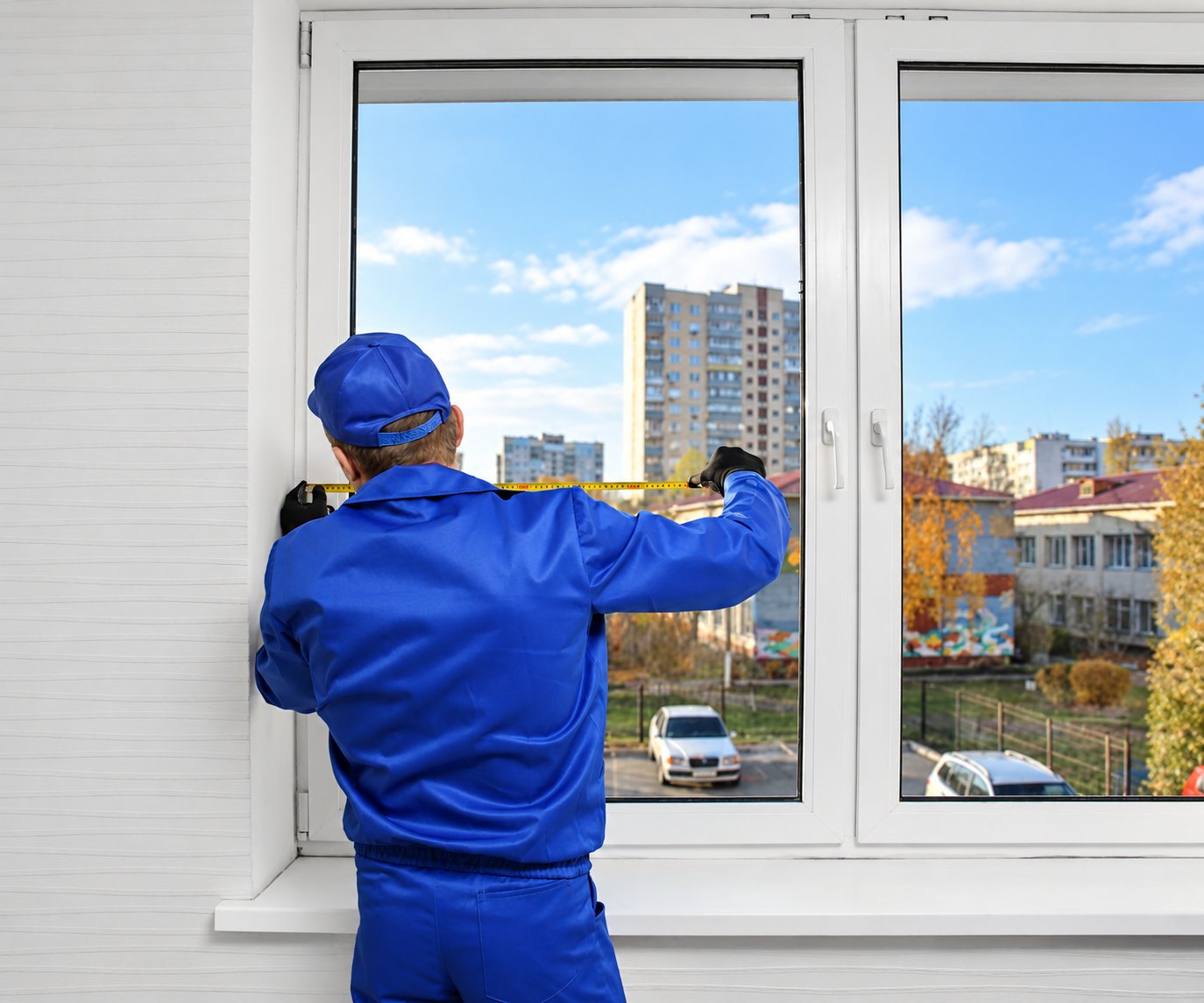 Un ouvrier en combinaison bleue, vu de dos, prend les mesures d'une grande fenêtre blanche à l'aide d'un mètre ruban.
